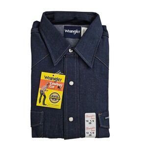 Wrangler Cowboy Cut (Mens 16 1/2x35) Pearl Snap Blue Denim Shirt Long Sleeve VTG